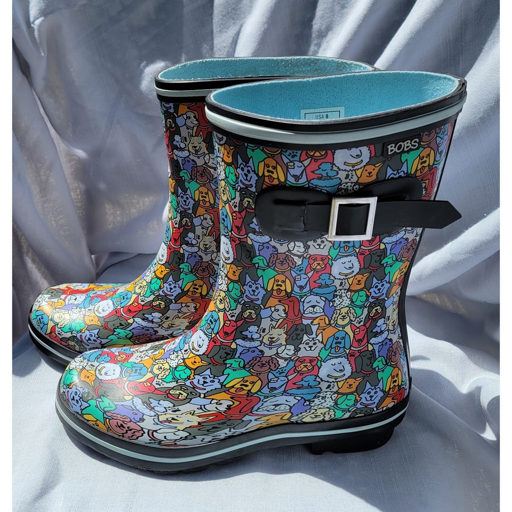 Skechers BOBS Rain Check Puddle Paws Dog Print Rain Boots 33373 BKMT Womens 8